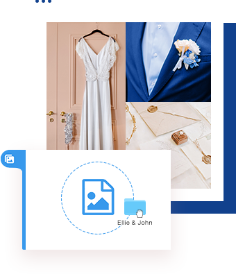 Collage of images with a white wedding dress, a groom in a suite, and wedding invitations.
