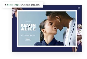 Wedding website homepage with photo of couple kissing.