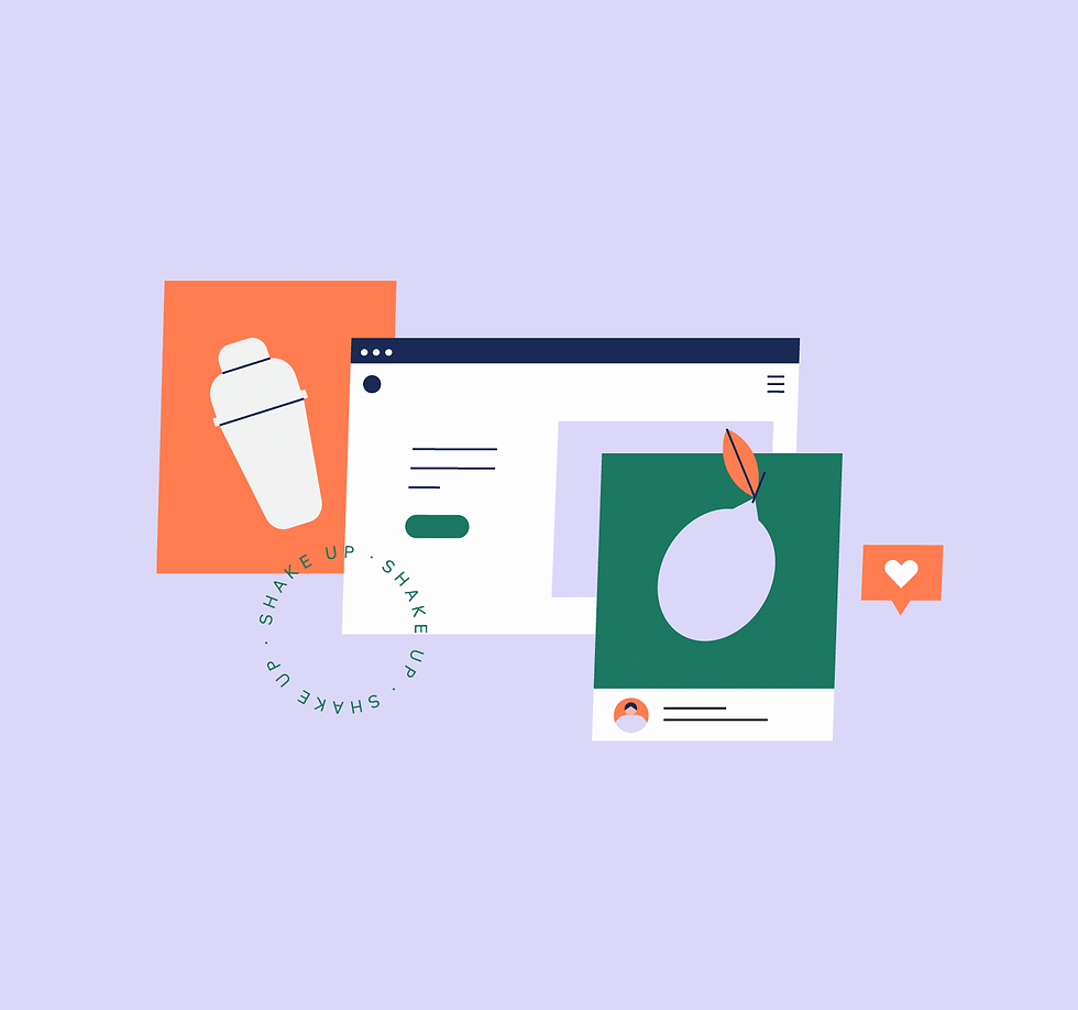 Illustrations of a cocktail and computer screen.