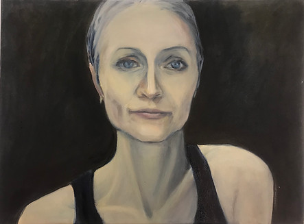Portrait painting of Erin. Head and shoulders of a woman with a direct gaze.
