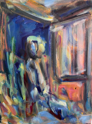 Colorful abstract painting of a figure near a window