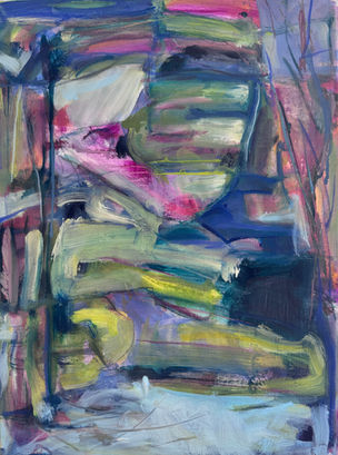 Abstract painting with pings and yellows and purples