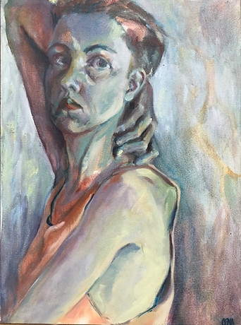 Colorful loosely painted portrait of a young woman with green skintone in an orange tanktop