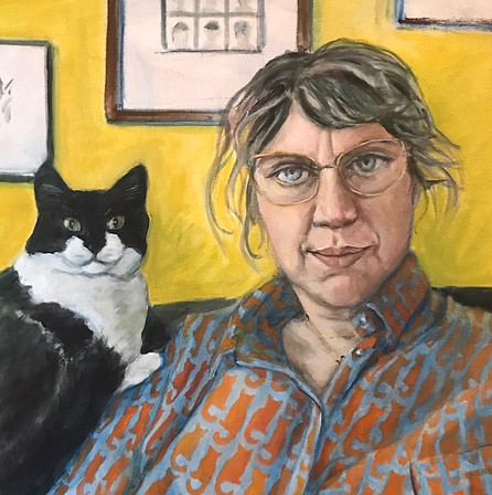 Portrait painting of a black and white cat and a woman both looking directly at us in front of a yellow wall. The woman has an orange cat pattern on her shirt.