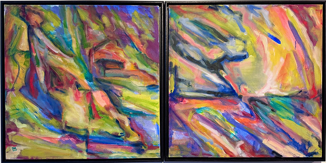 Two vibrantly colorful abstract paintings with a lot of motion that imply landscapes