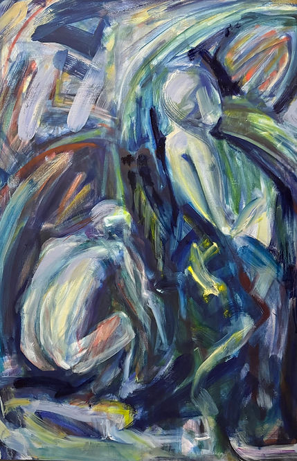 Colorful abstract painting of two figures, one squatting the other standing with energetic paintstrokes surrounding them