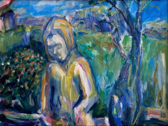 colorful abstract painting of a girl in a garden next to a flower patch and a tree