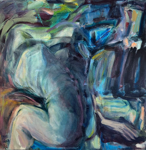 An abstract painting of what might be a person's back with reverberating shapes around them. The color is primarily blue and purple and green.