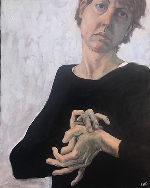 Portrait painting of a woman in a black sweater from the waist up holding her hands awkwardly