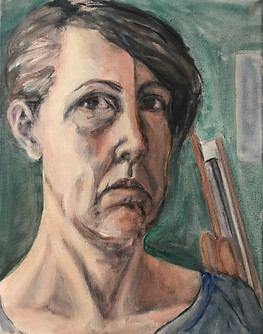 Close up portrait painting of a woman with dark eyes and short hair