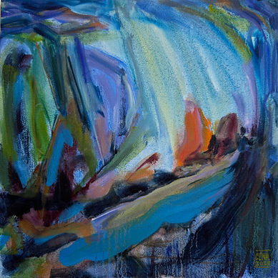 A painting of abstract marks of blue, green and purple swirl around an orange triangle