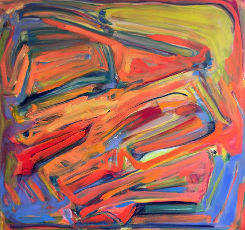 Vivid abstract painting in primarily orange and blue