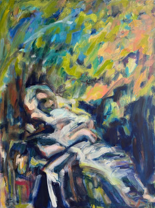 Colorful abstract painting of a person wrapped in a blanket surrounded by swirls of color