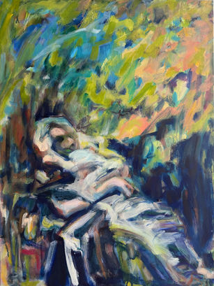 Colorful abstract painting of a person wrapped in a blanket surrounded by swirls of color