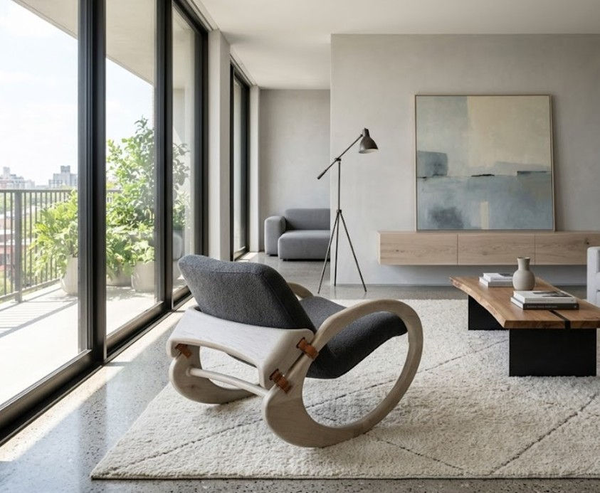 Miniatura: SILLA MECEDORA | JM - ALEXANDER | MADERA NOZES | TELA/CUERO S-278