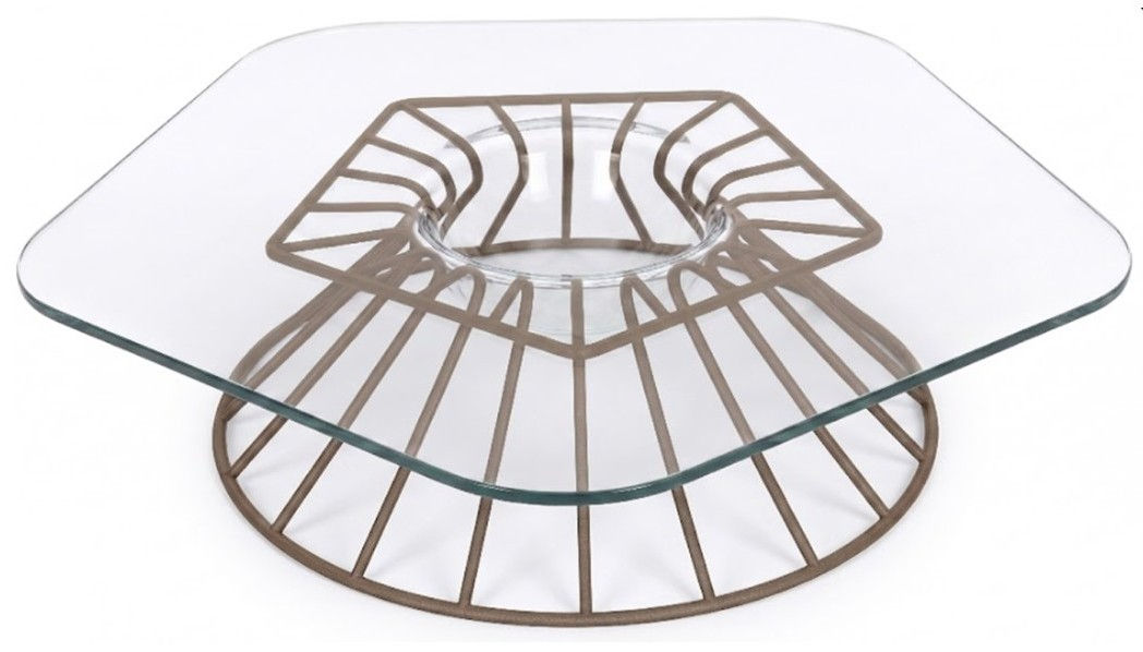 MESA DE CENTRO | CARAMBOLA | BASE METAL CHOC. LEVE | VIDRIO TRANSPARENTE