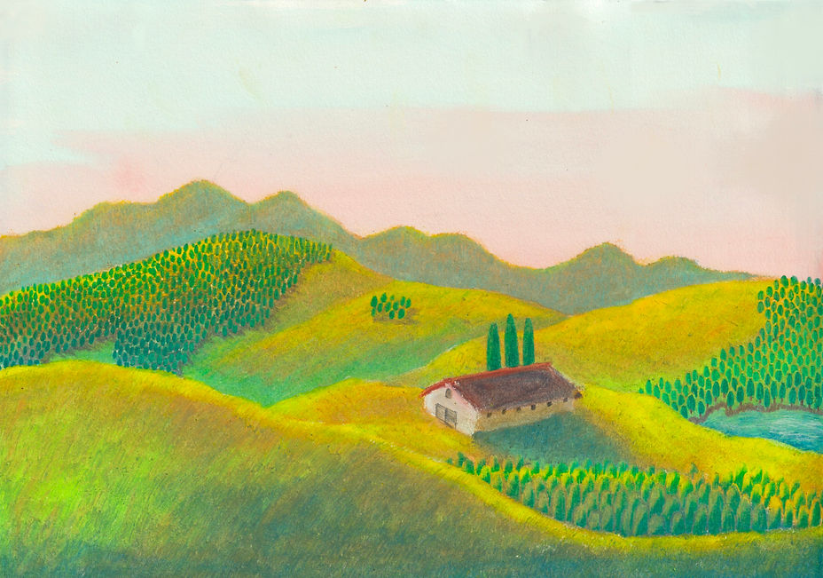 朝陽を受け、静かな朝を迎える広大な農場のイラスト