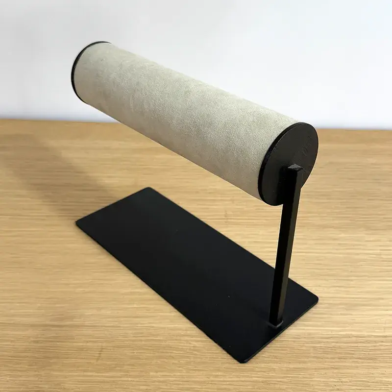 Thumbnail: Desktop bracelet bar display stand with beige velvet cylinder and black base