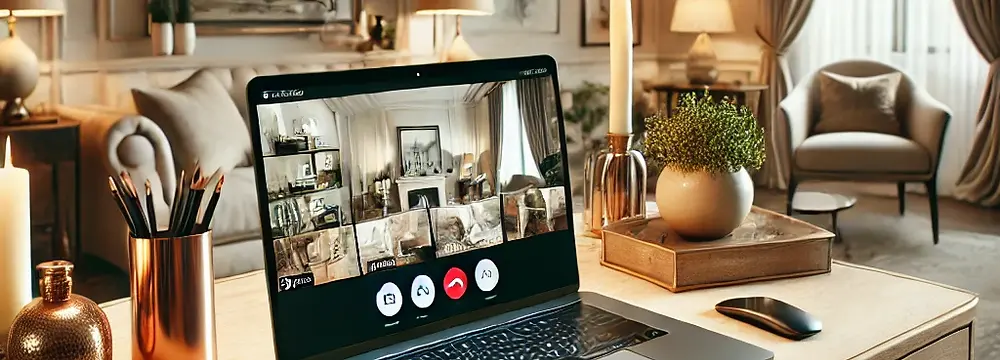 Professional home staging virtual consultation displayed on a laptop screen, set on an elegant desk with sophisticated home decor in the background, highlighting a luxurious and stylish interior design.