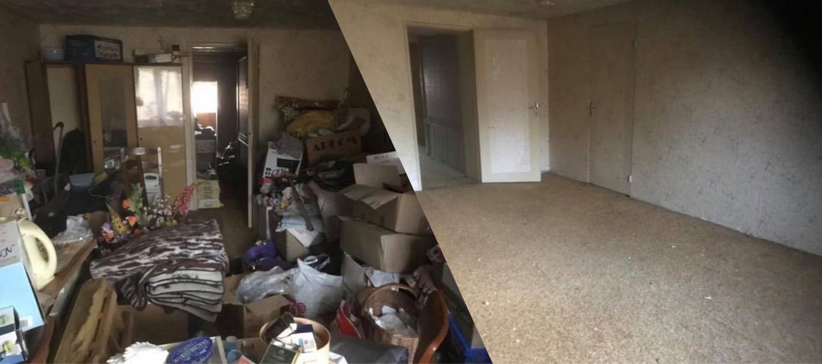 Chambre encombré par des cartons et, des meubles avant / après débarras