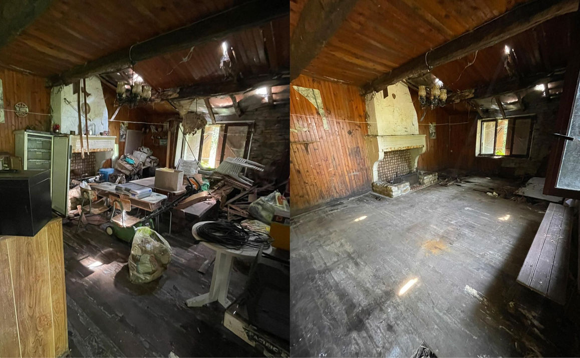 Cabane de jardin encombré par des meubles et objets avant / après