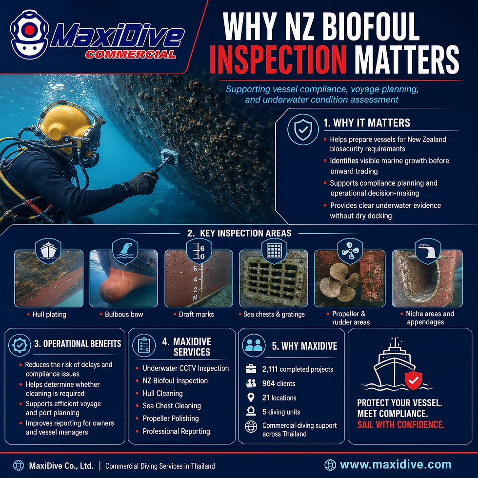 MaxiDive Commercial infographic explaining why NZ biofoul inspection matters, including underwater hull inspection areas, operational benefits, NZ compliance support, and MaxiDive commercial diving services in Thailand.
