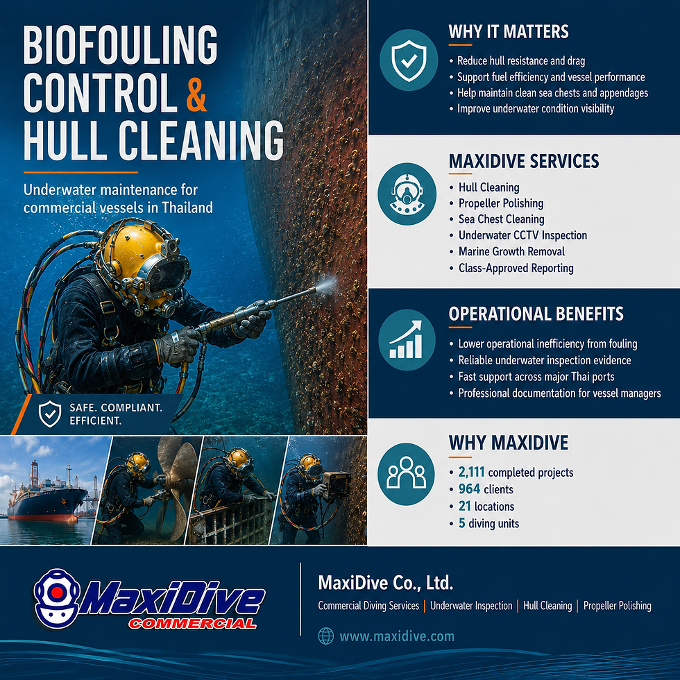 Biofouling control is more than hull maintenance — it is operational protection. MaxiDive