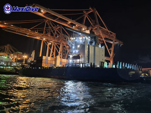 Commercial vessel at Kerry Siam Sea Port during underwater inspection operations in Thailand