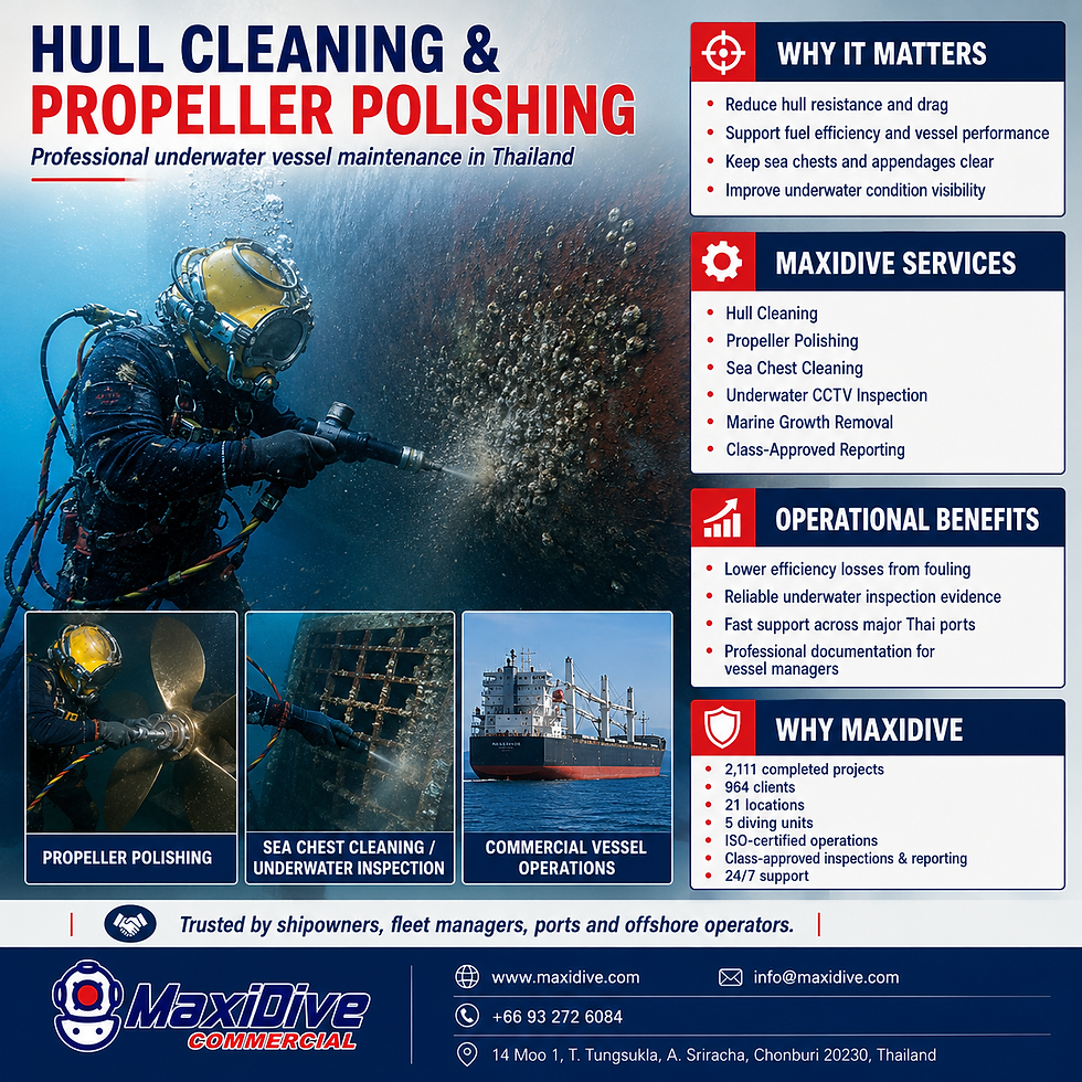 MaxiDive infographic about hull cleaning and propeller polishing services in Thailand, showing commercial helmet divers performing underwater hull maintenance, propeller polishing, sea chest cleaning, underwater inspection, and class-approved reporting for commercial vessels.