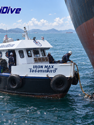 MaxiDive Iron Max support boat alongside commercial vessel during rope guard inspection Thailand