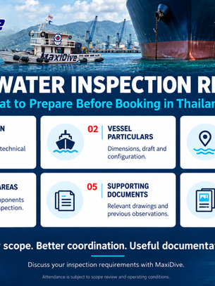 Underwater inspection request checklist for Thailand covering inspection purpose, vessel particulars, location, priority areas, supporting documents and reporting requirements.