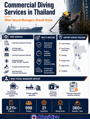 MaxiDive infographic about buy-and-sell underwater inspection in Thailand showing vessel inspection scope, key inspection points, and commercial diver documentation support.
