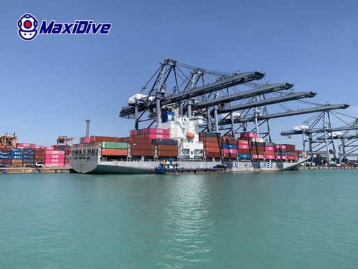 Commercial vessel at Laem Chabang Port during MaxiDive in-water survey support in Thailand