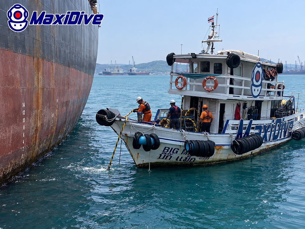 MaxiDive support boat alongside a commercial vessel, with crew handling a line on deck.