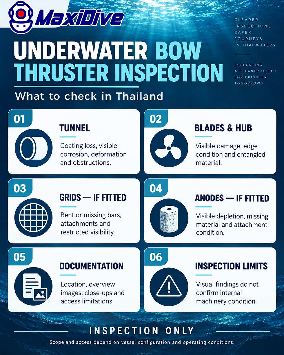 Bow thruster inspection checklist covering tunnel, blades, grids, anodes, reporting and visual inspection limitations.