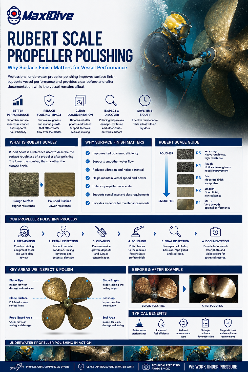 Rubert Scale propeller polishing infographic explaining propeller surface finish, underwater inspection points, before-and-after documentation and vessel performance support in Thailand.