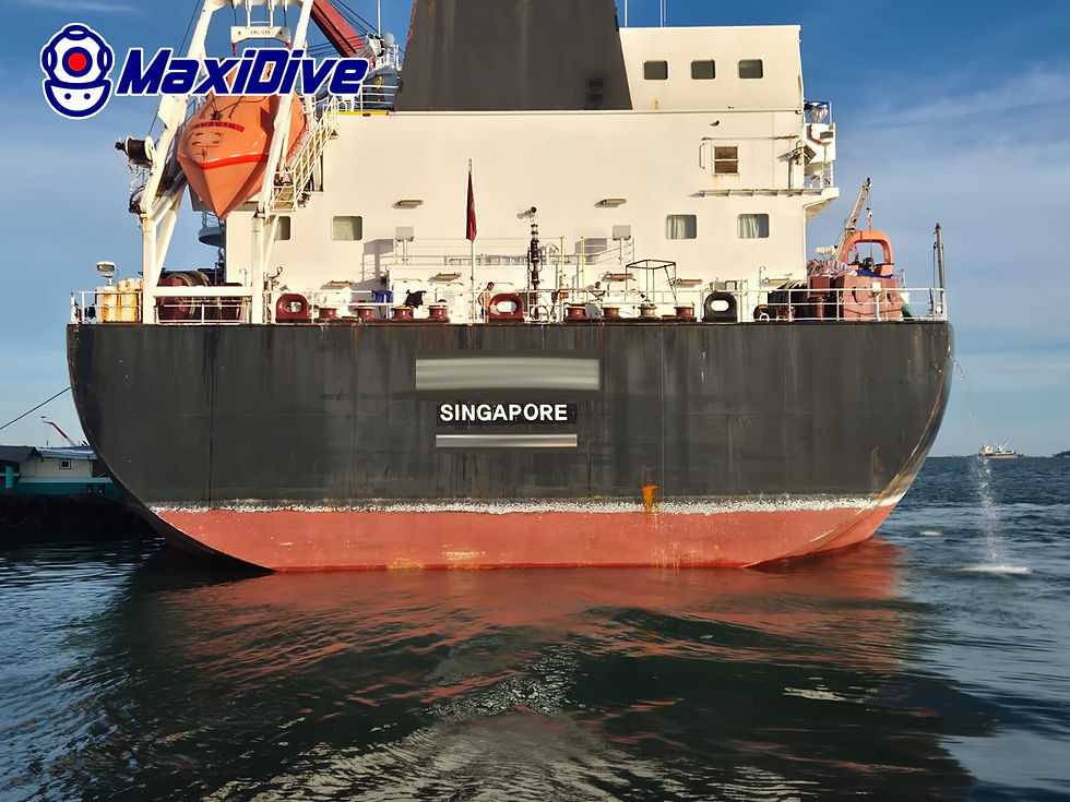 Кормовая часть коммерческого судна на якорной стоянке во время проекта MaxiDive по очистке корпуса и полировке гребного винта в Таиланде.