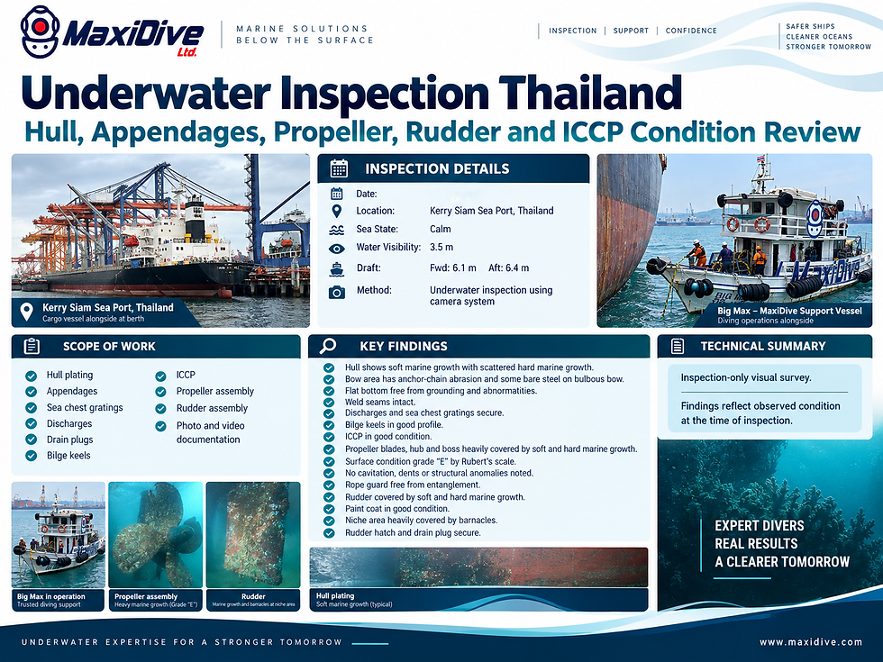 Underwater inspection Kerry Siam Sea Port infographic showing hull, appendages, ICCP, propeller and rudder condition assessment in Thailand