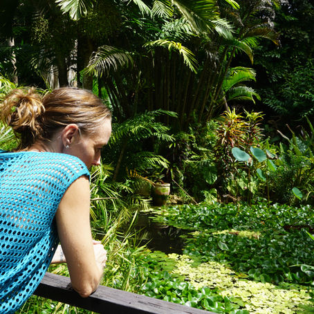 Nat looking reflectively down at a pond
