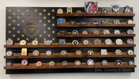 charred wooden challenge coin display