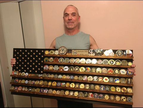 charred wooden American flag challenge coin display