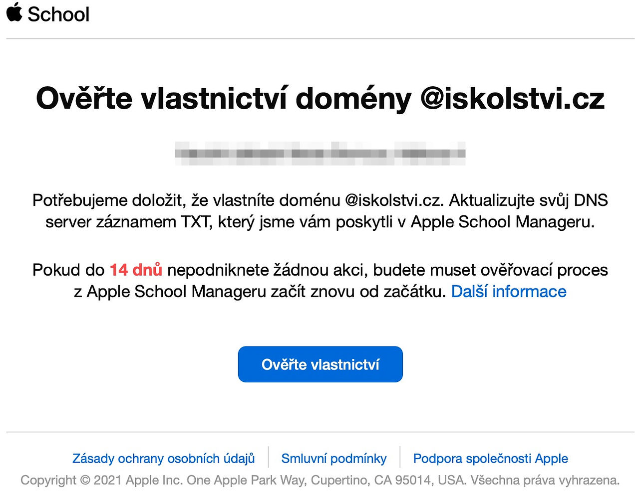 Emailová výzva k ověření domény v ASM.