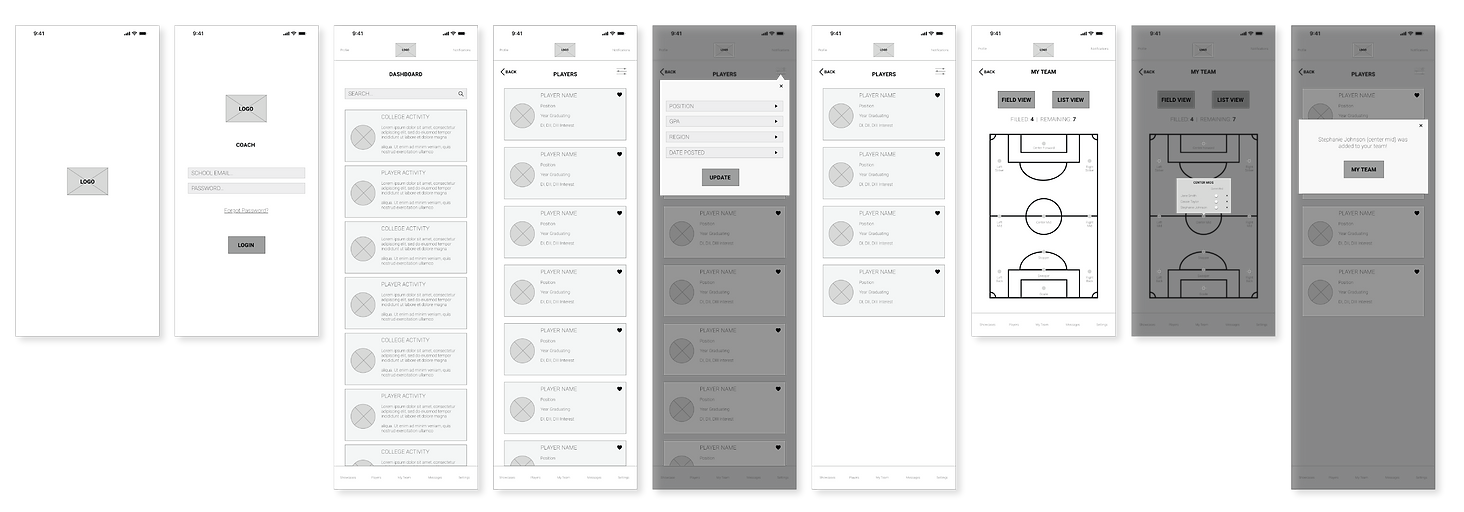 Coach Filtering and Adding Players to Roster Wireframes
