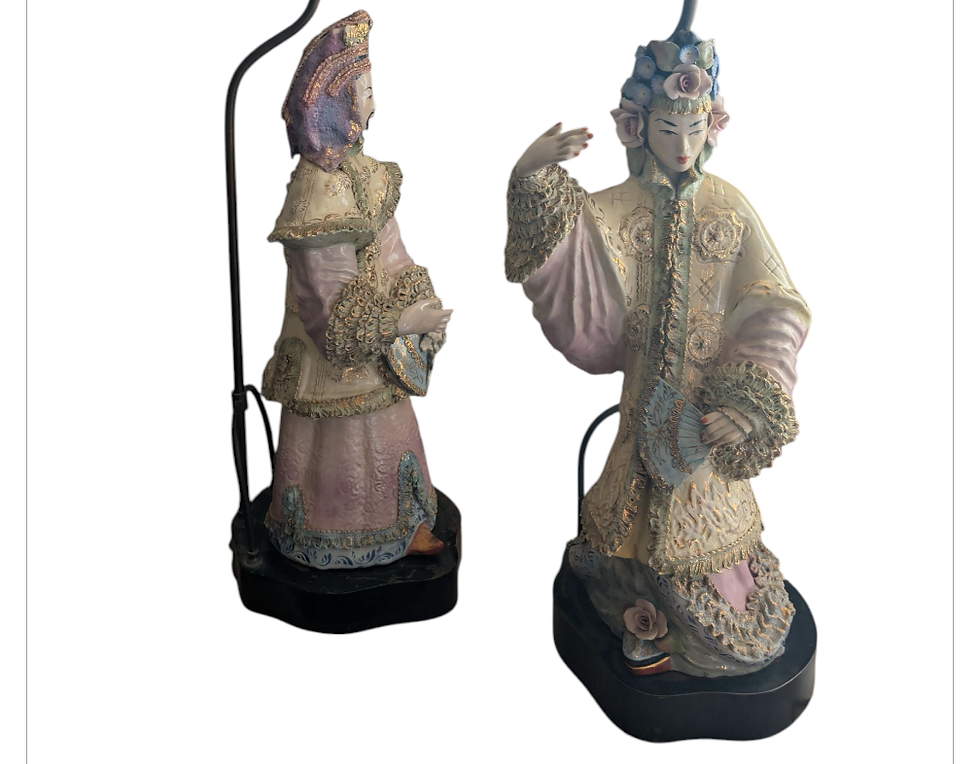 Thumbnail: Chinoiserie Cordey Porcelain Emperor & Empress Hand-Painted Lamps