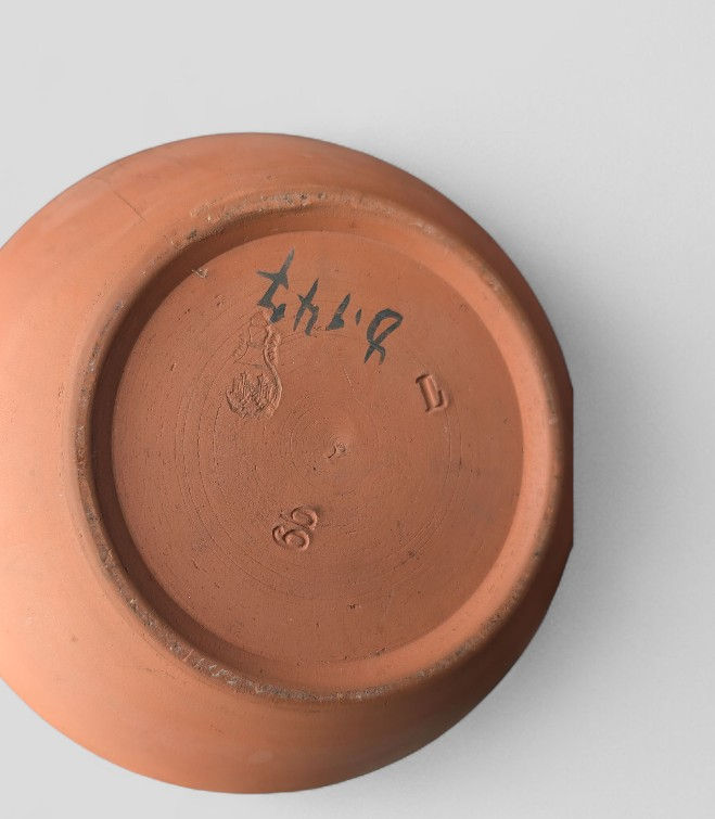 Thumbnail: Antique Terracotta Unglazed Bottle Vase Handpainted Ducks Incised Logo