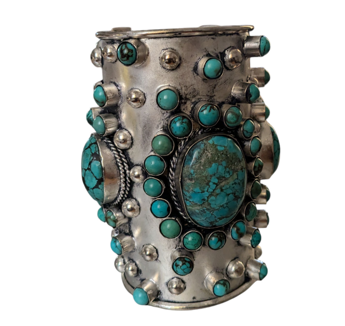 Faux Handtooled Silver Simulated Warrior Style Turqoise 4" Cuff