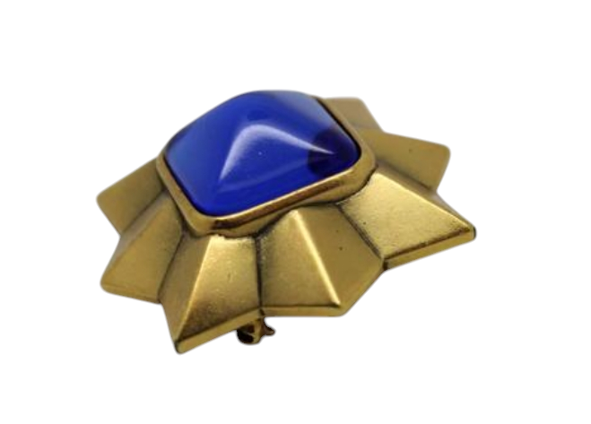 Thumbnail: YVES SAINT LAURENT-YSL- 1980's Gold Tone Starburst Cabochon Cobalt Brooch Signed