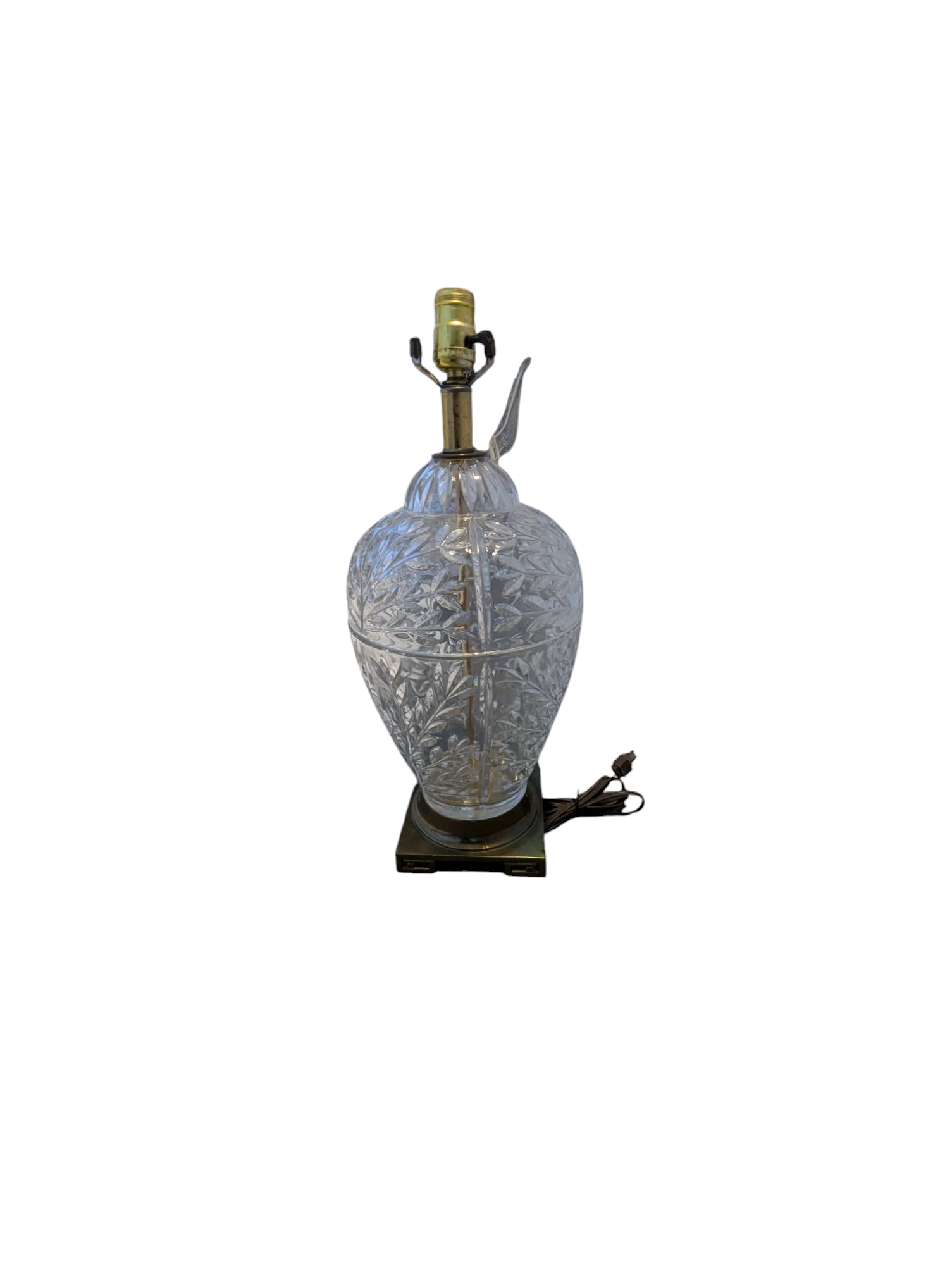 Leaf Motif Crystal Glass Lamp On Brass Bass Chinoiserie Style