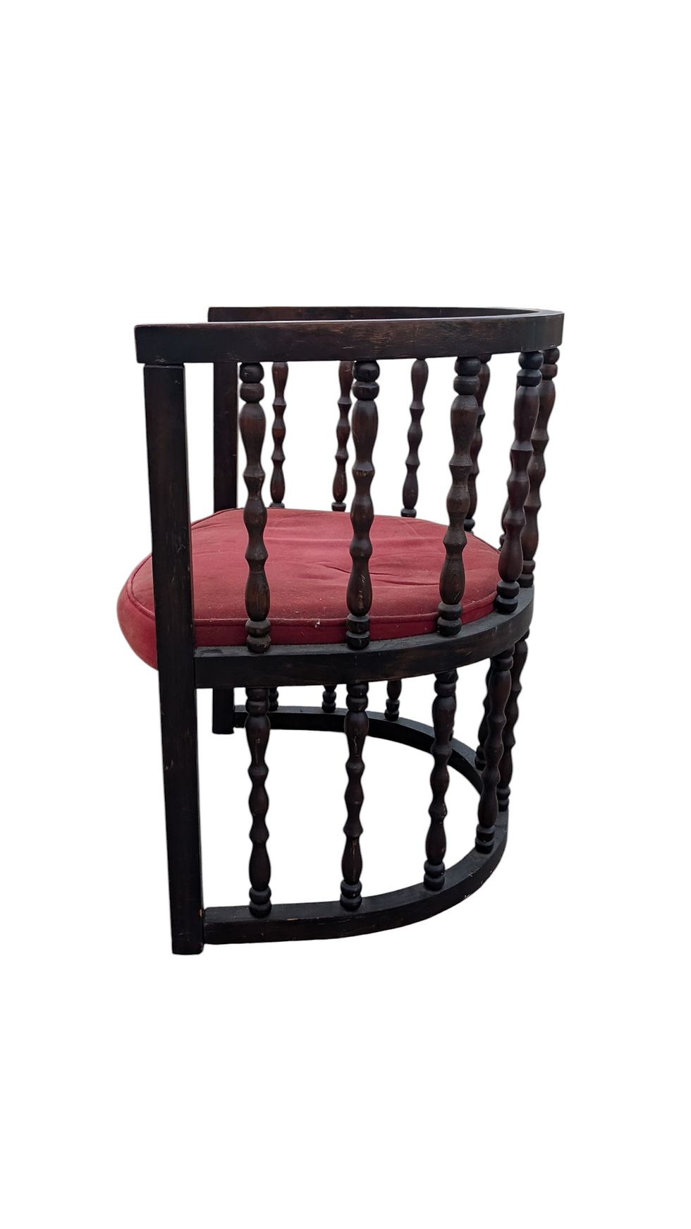 Thumbnail: Brutalist Vintage Spanish Style Spindle Barrel Back Chair Red Velvet Upholstery