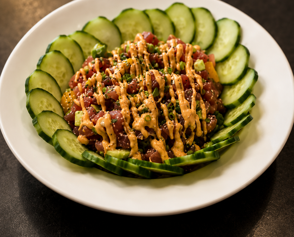 Fresh cucumber appetizer with grilled tuna prepared by Chef Damon Renfroe